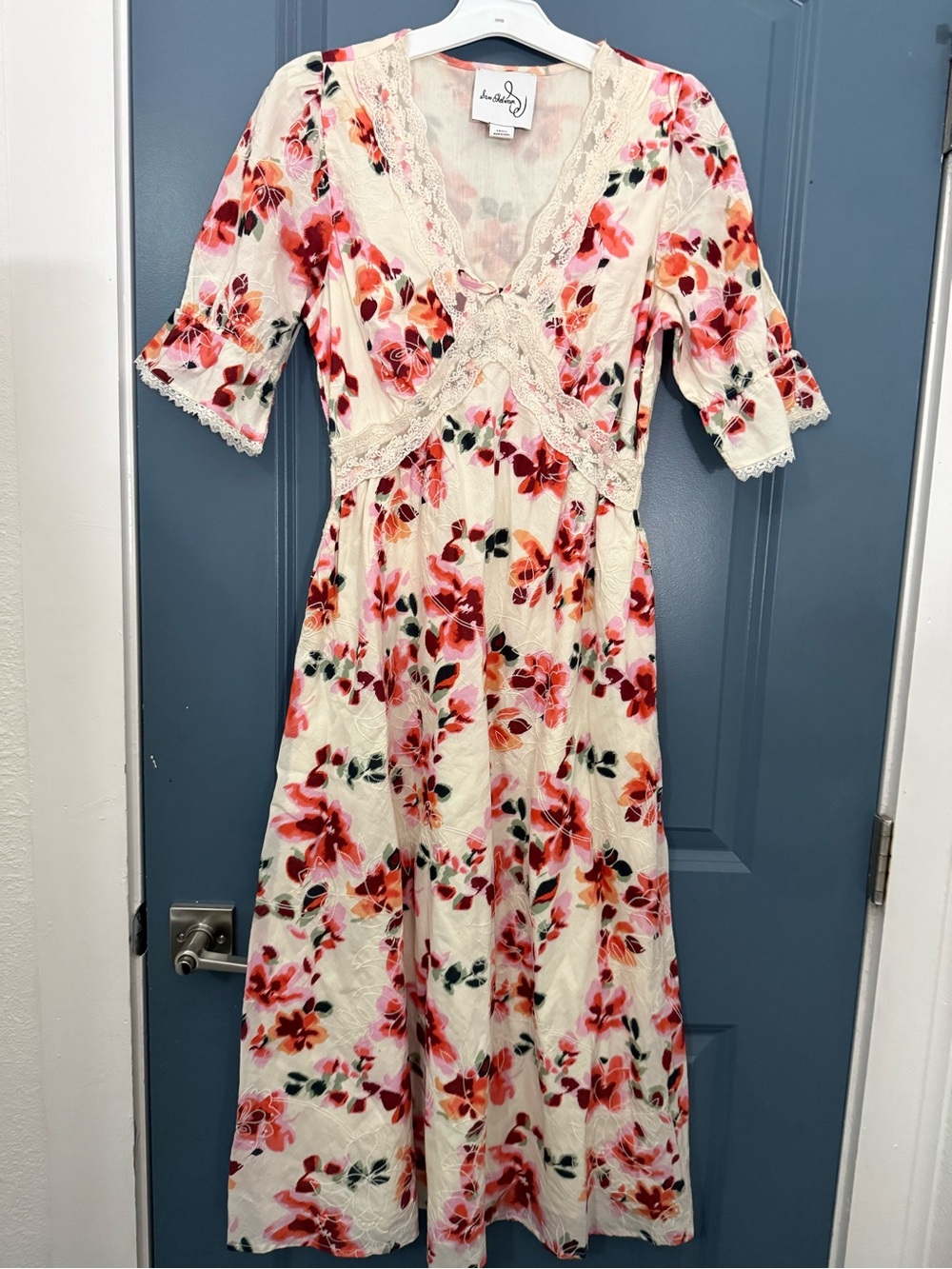 Sam Edelman Cream Midi Dress with Pink & Red Floral Print